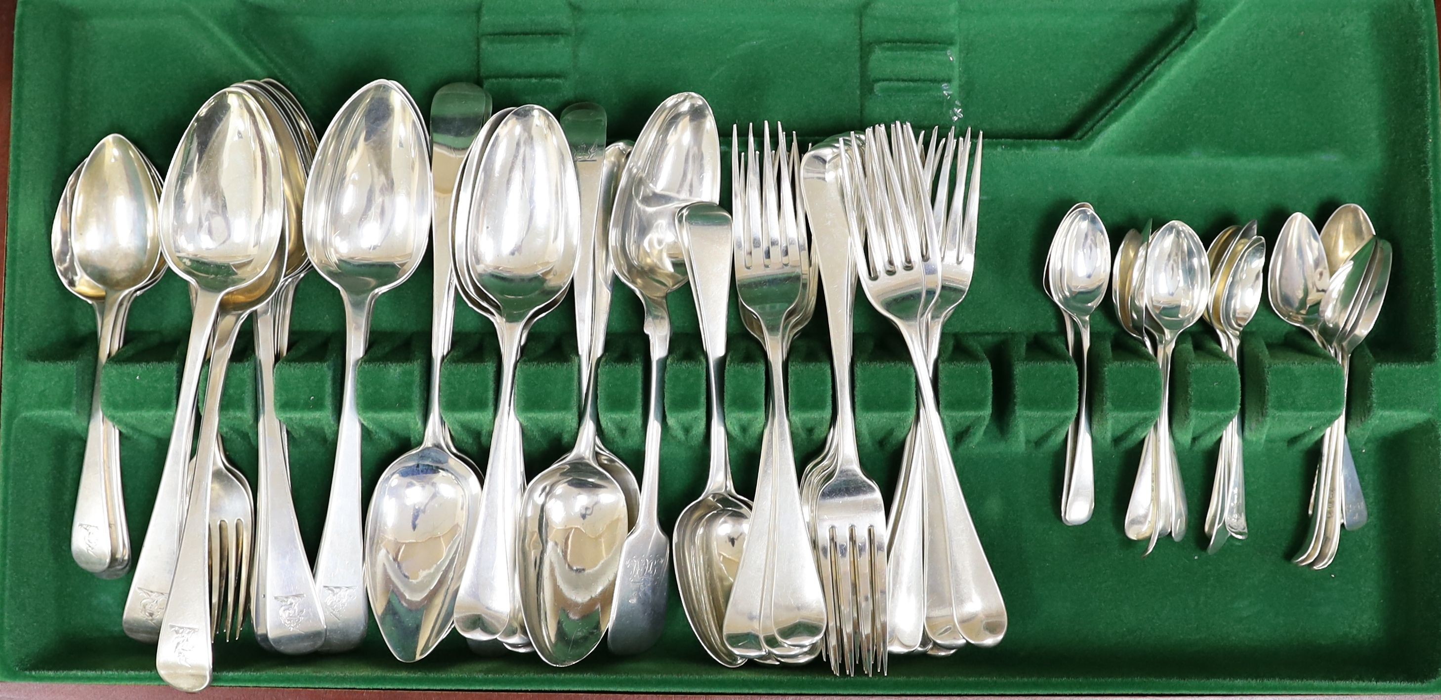 A mainly 19th century harlequin canteen of silver Old English pattern flatware